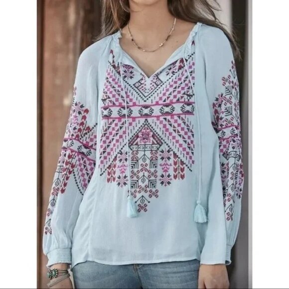 Sundance Tops - Sundance Boho Embroidered Peasant Top Blouse Blue Pink Medium